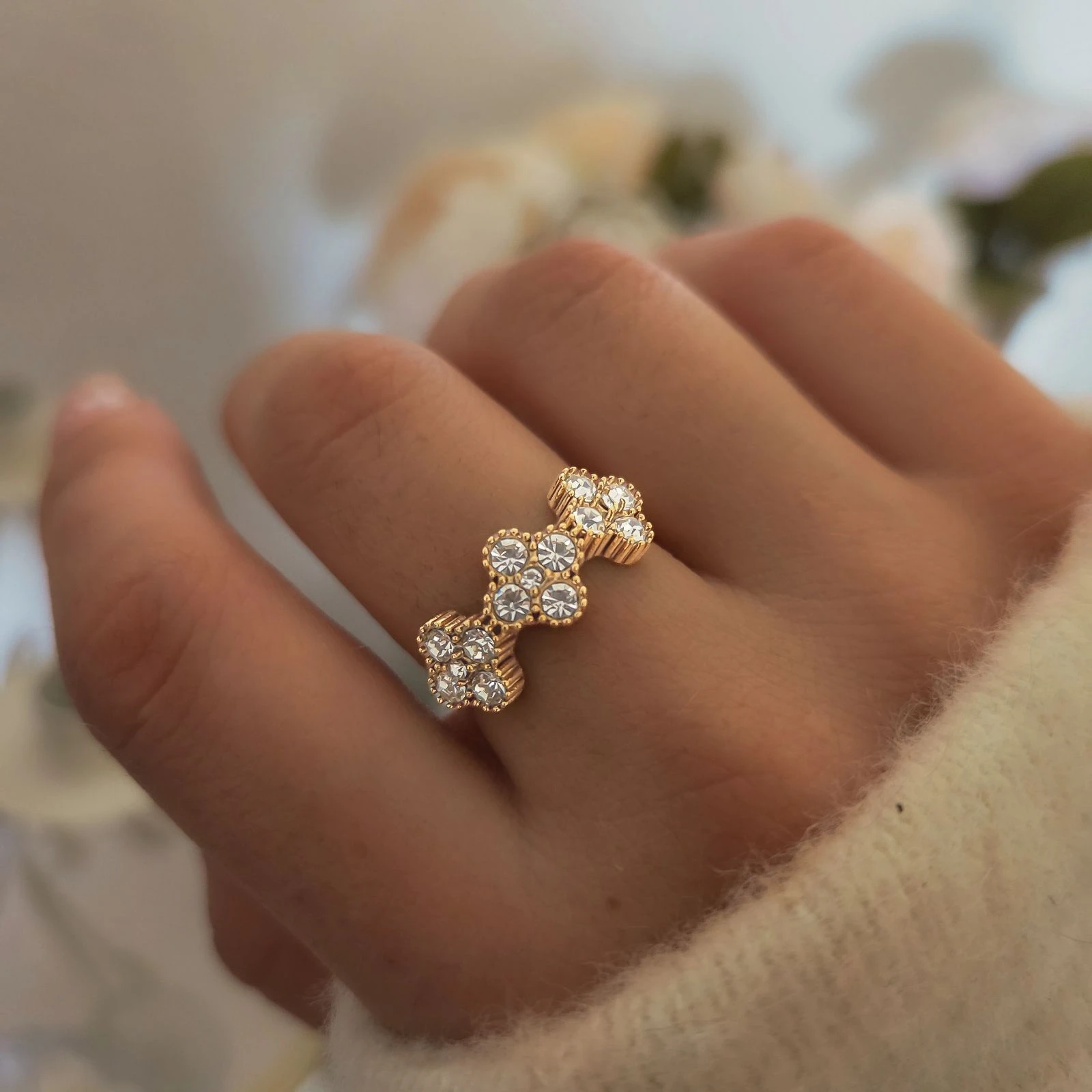 Bague Fleur Dorée Ajustable Acier Inoxydable, Bague Fleur Cristaux, Bague Élégante Femme, Bague Tendance, Cadeau Femme